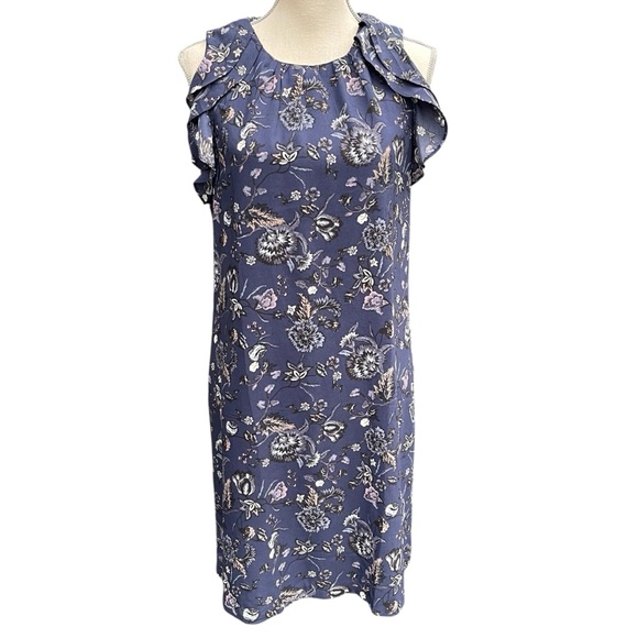 Ann Taylor Factory Blue Floral Cap Ruffle Shift Dress (10) - Picture 4 of 11